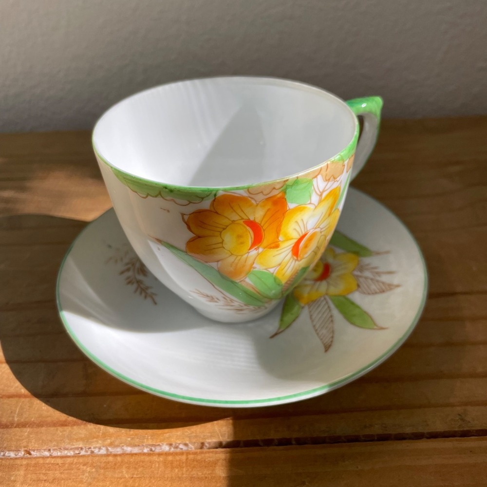 Vintage Japanese Floral Teacup and Saucer Art Deco Botanical Tea Set Cottagecore